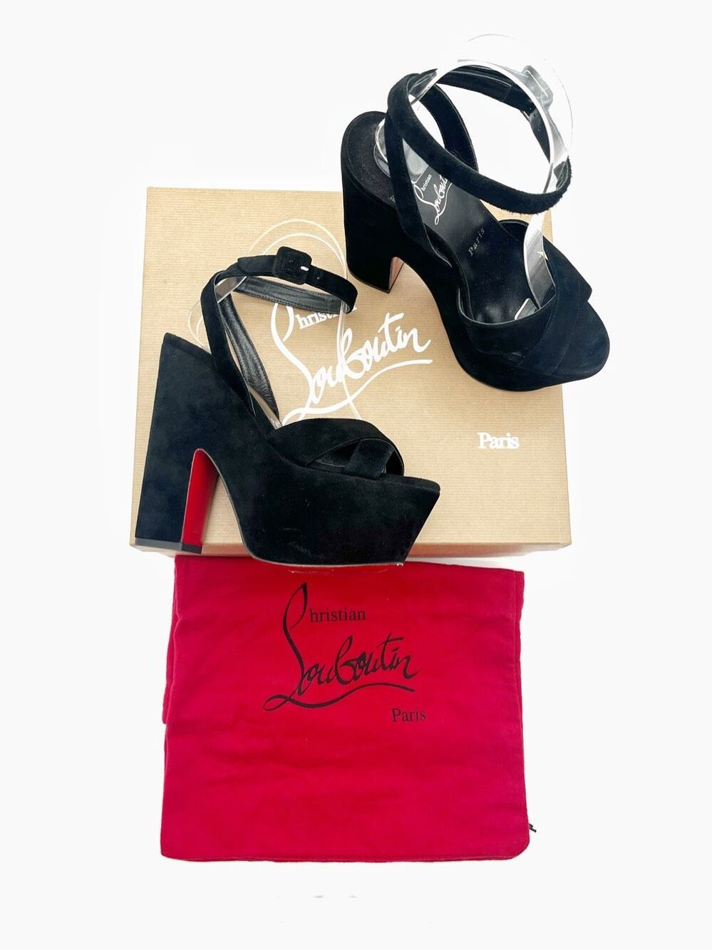 CHRISTIAN LOUBOUTIN Superyaz Platform Heels Size 37.5 Black Suede Ankle Strap - Picture 2 of 12